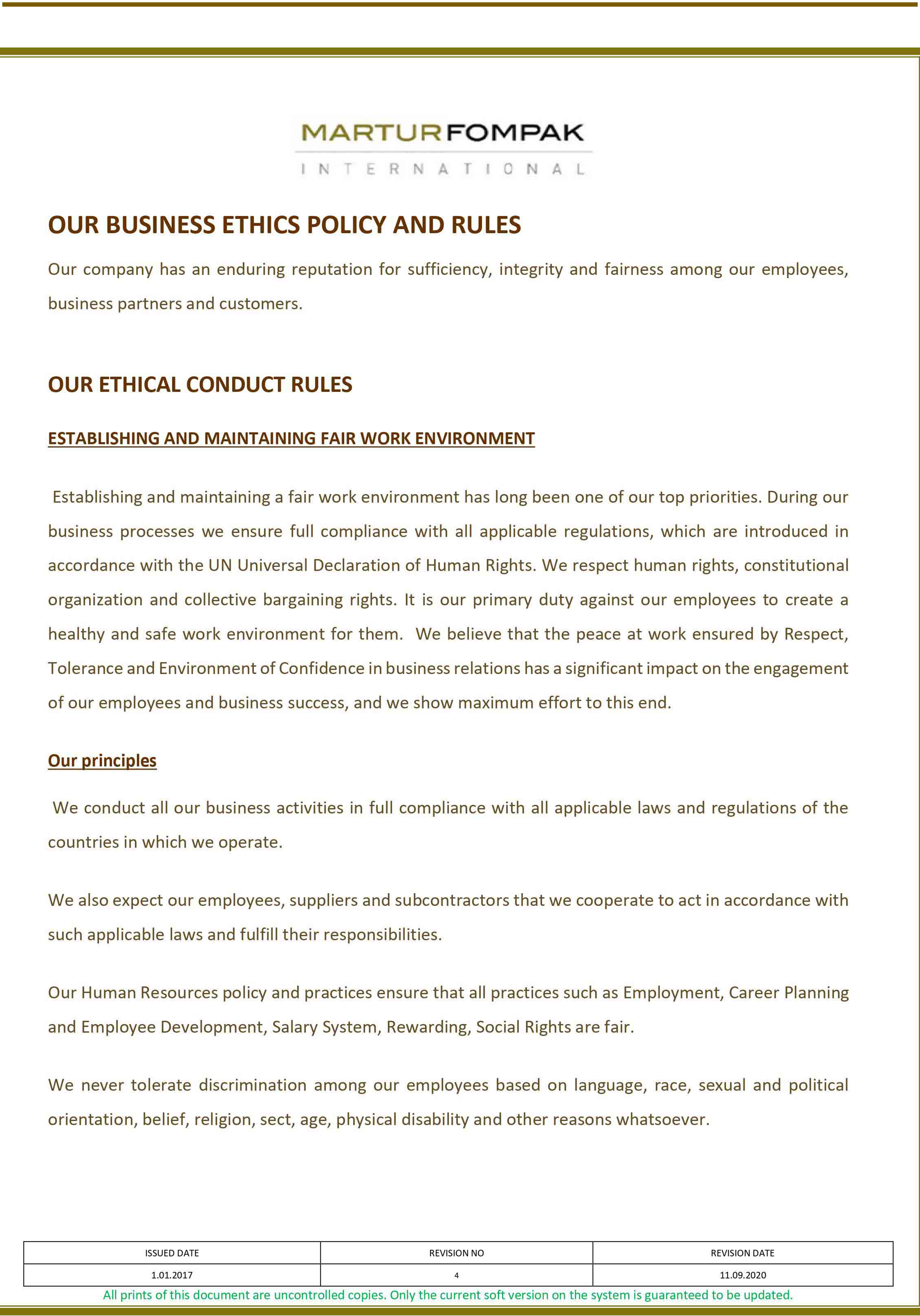 Business Ethics Policy and Rules